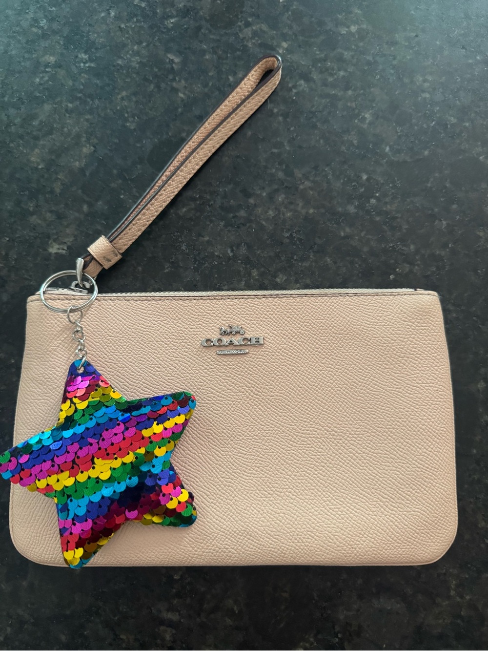 Coach Beige/Pink Pebbled Leather Wristlet with Rainbow Sequin Star Charm